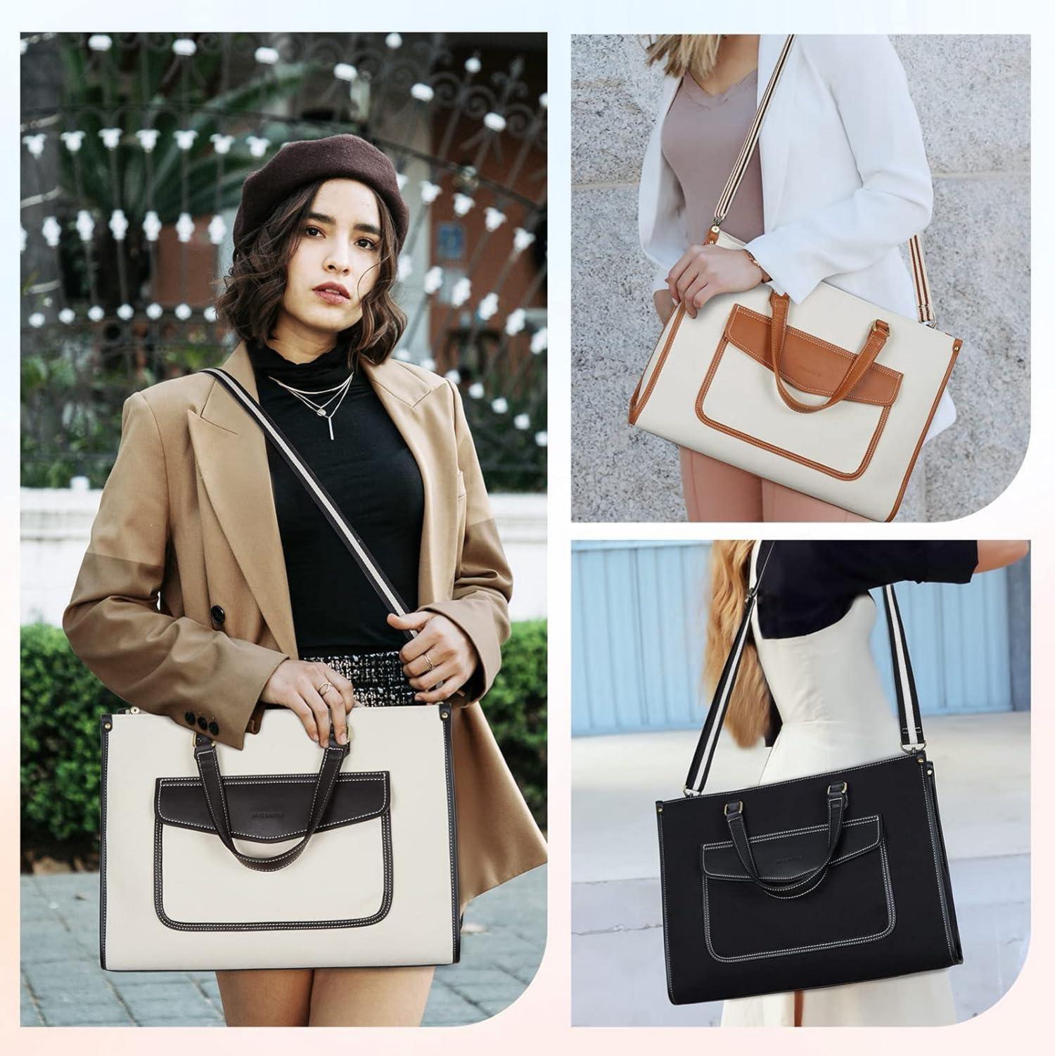 Laptoptasche Damen 15,6 Zoll Canvas Handtasche Business Schwarz Beige