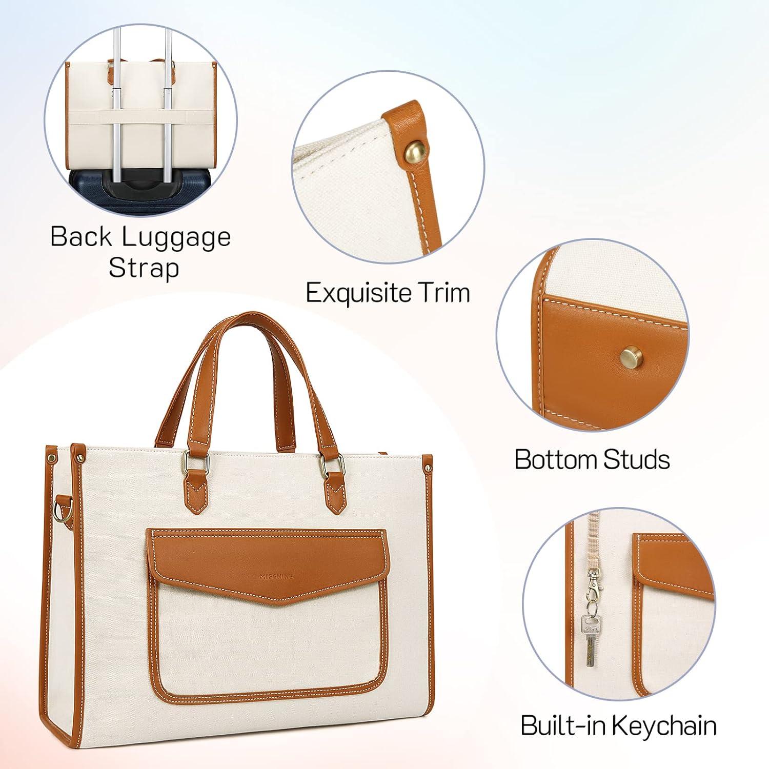 Missnine Laptoptasche 15,6 Zoll Damen Business Arbeitstasche Canvas Tote Schwarz Beige