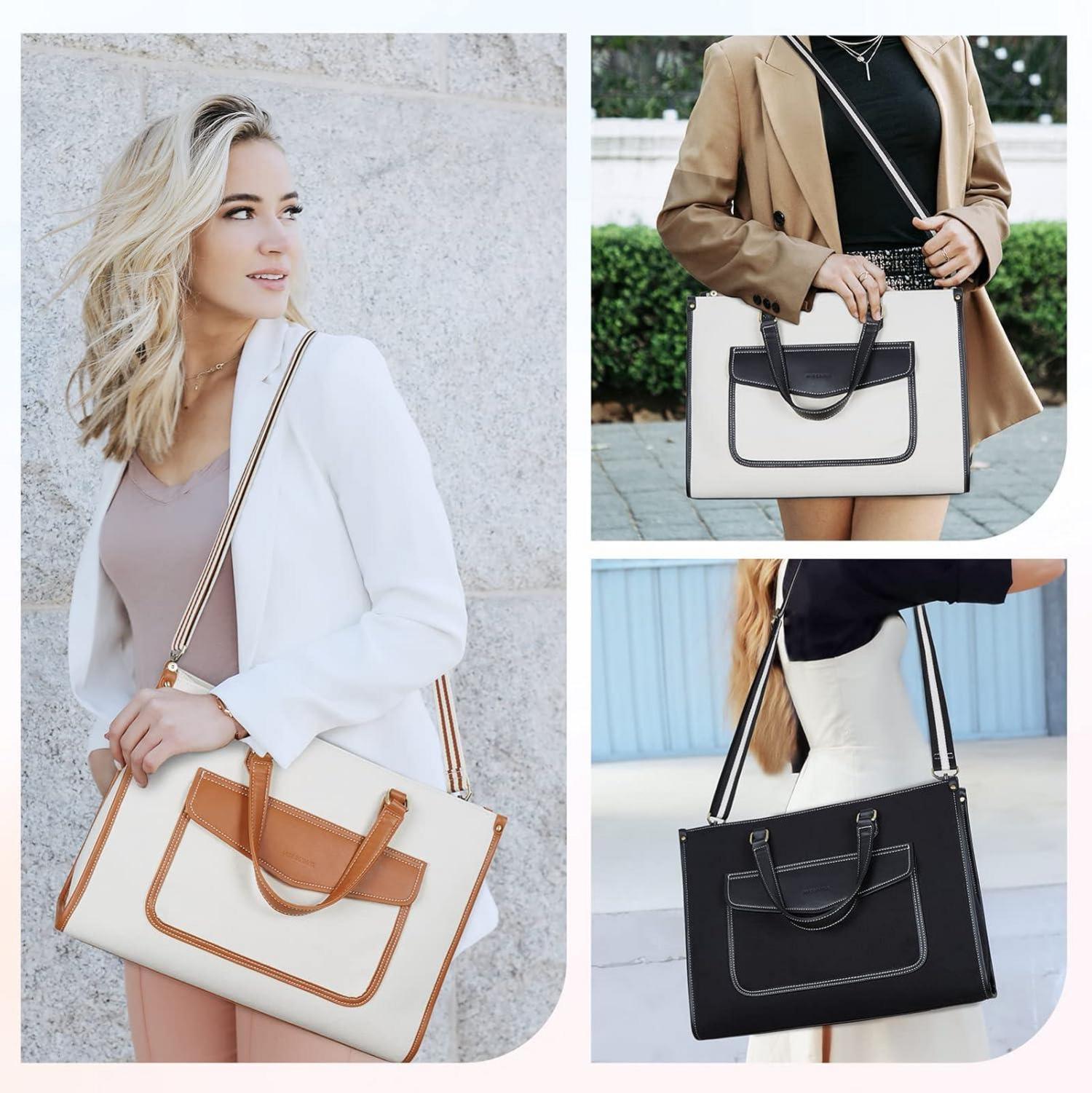 Laptoptasche 15,6 Zoll Damen Business Canvas Tote Bag Beige Schwarz