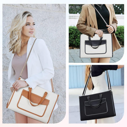 Laptoptasche 15,6 Zoll Damen Business Canvas Tote Bag Beige Schwarz