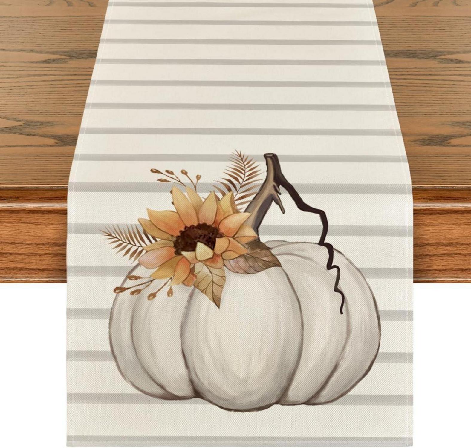 Herbst Tischläufer Sonnenblumen Kürbisse Streifen 40x180 cm