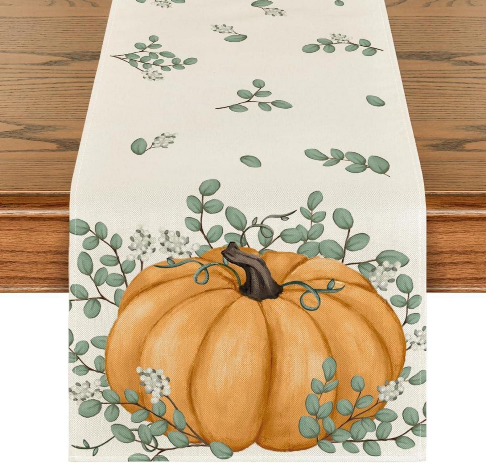 Herbst Orange Tischläufer Kürbisse Eukalyptus 40x140cm