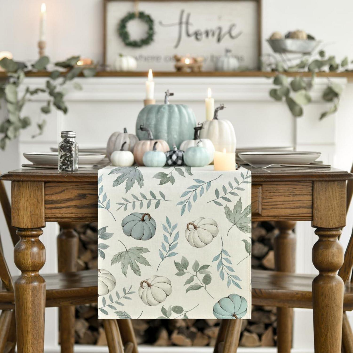 Artoid Mode Herbst Tischläufer Blau Kürbisse Blätter 40x140