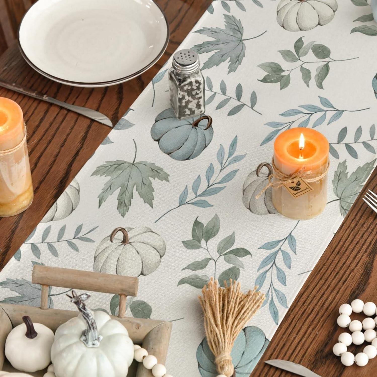 Herbst Tischläufer Blau Kürbisse Blätter 40x140 cm - Deko Küche
