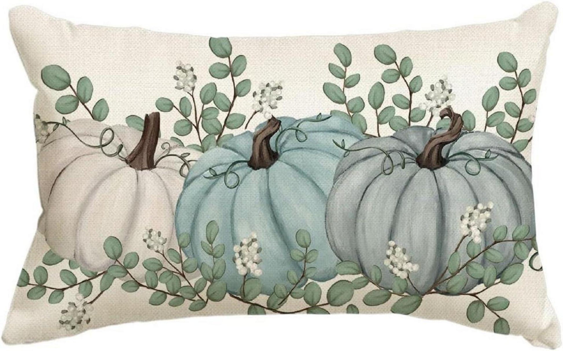 Herbst Kürbisse Eukalyptus Deko Kissenbezug 30x50 cm Blau