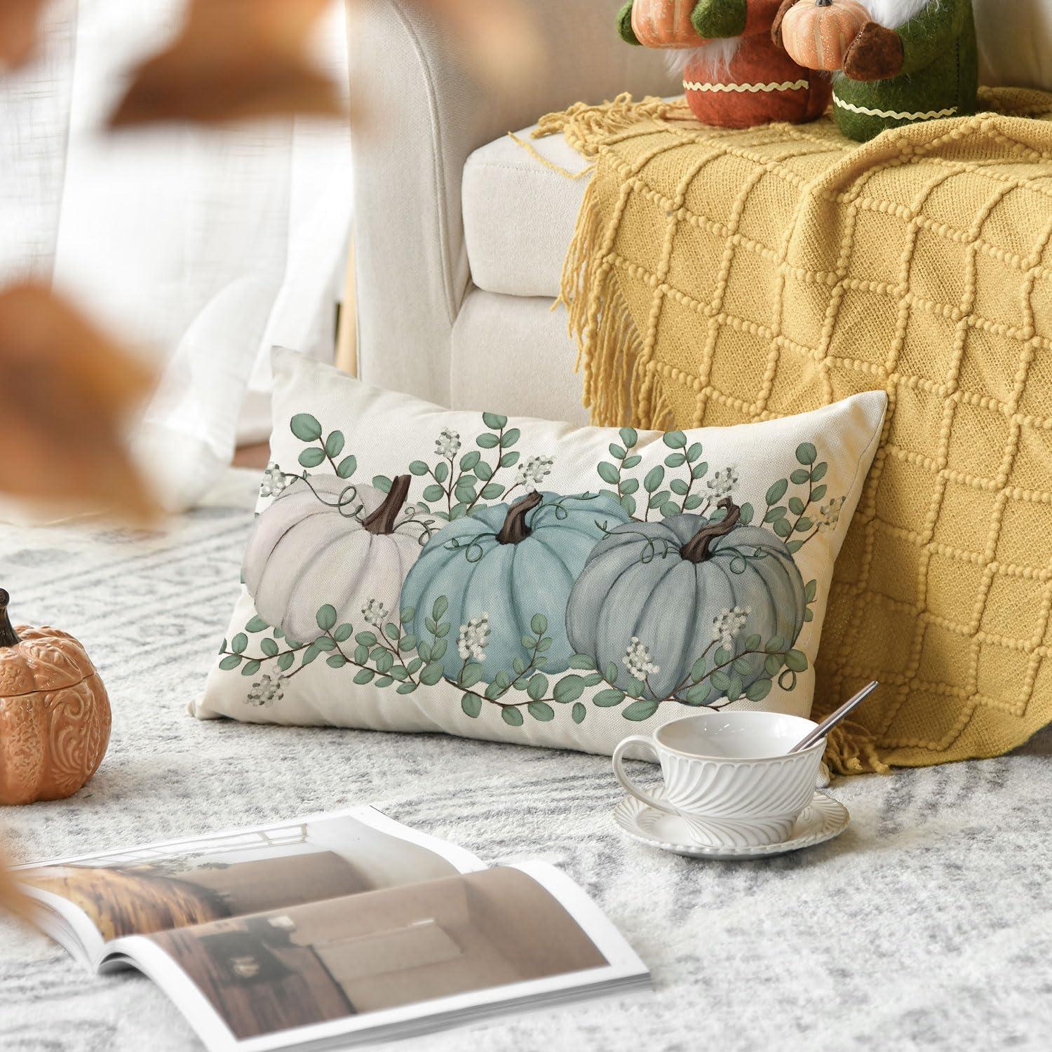 Herbst Kürbisse Blau Deko Kissenbezug 30x50 cm