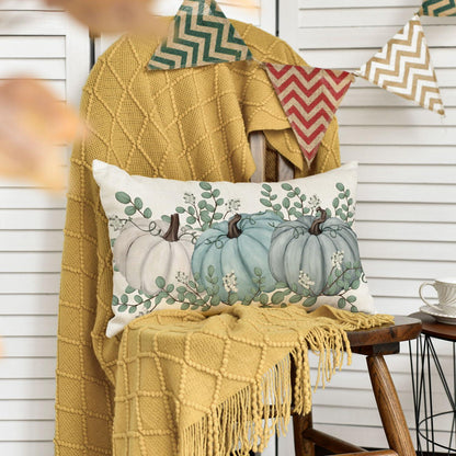 Herbst Kürbisse Eukalyptus Deko Kissenbezug 30x50 cm Blau
