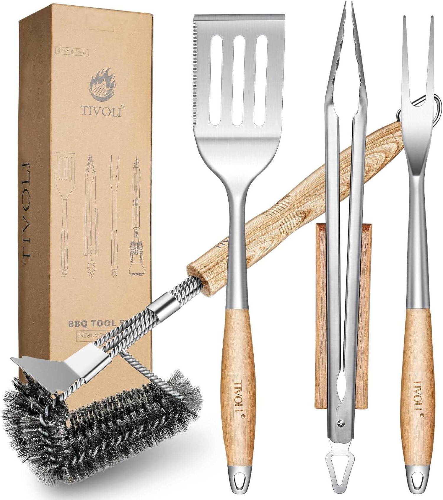 Grillbesteck Set BBQ 4-teilig Grillzange Spatel Bürste Gabel