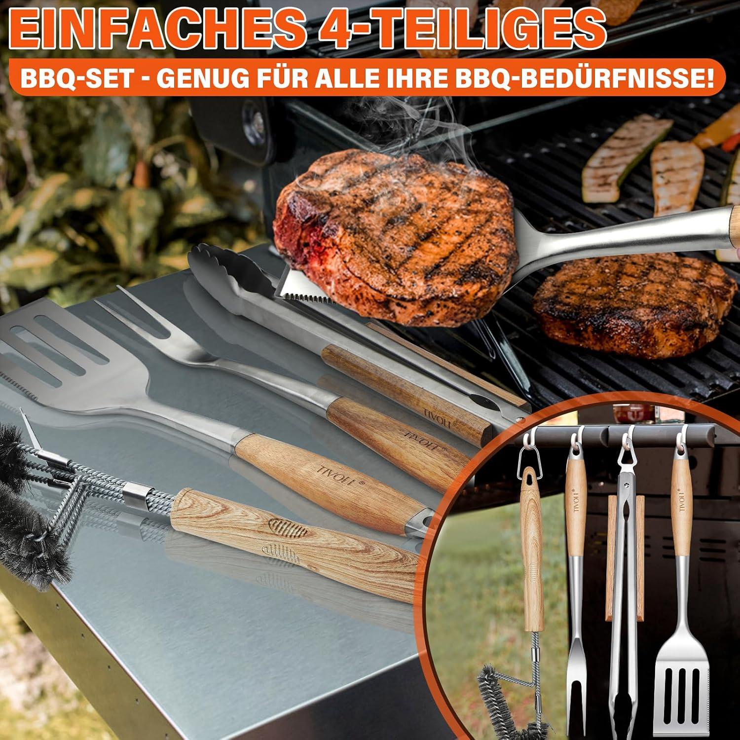 TIVOLI Grillbesteck Set Edelstahl BBQ Zubehör Männer 4-teilig Zange Spatel
