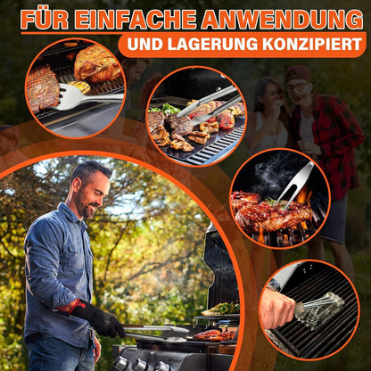 Grillbesteck Set 4-teilig BBQ Grillzange Pfannenwender Bürste Gabel
