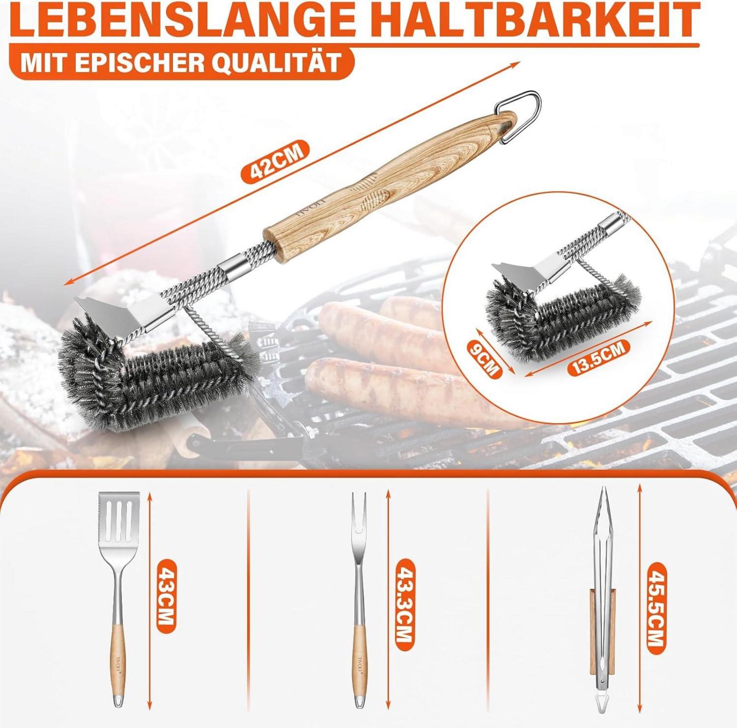 TIVOLI BBQ Grillset 4-teilig Edelstahl Grillbesteck Männer Zubehör BBQ-Zange, Spatel, Bürste, Gabel