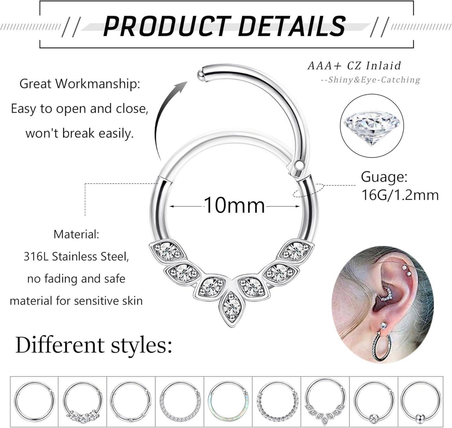 Nasenpiercing Set 16G Chirurgenstahl Damen Opal CZ Ringe