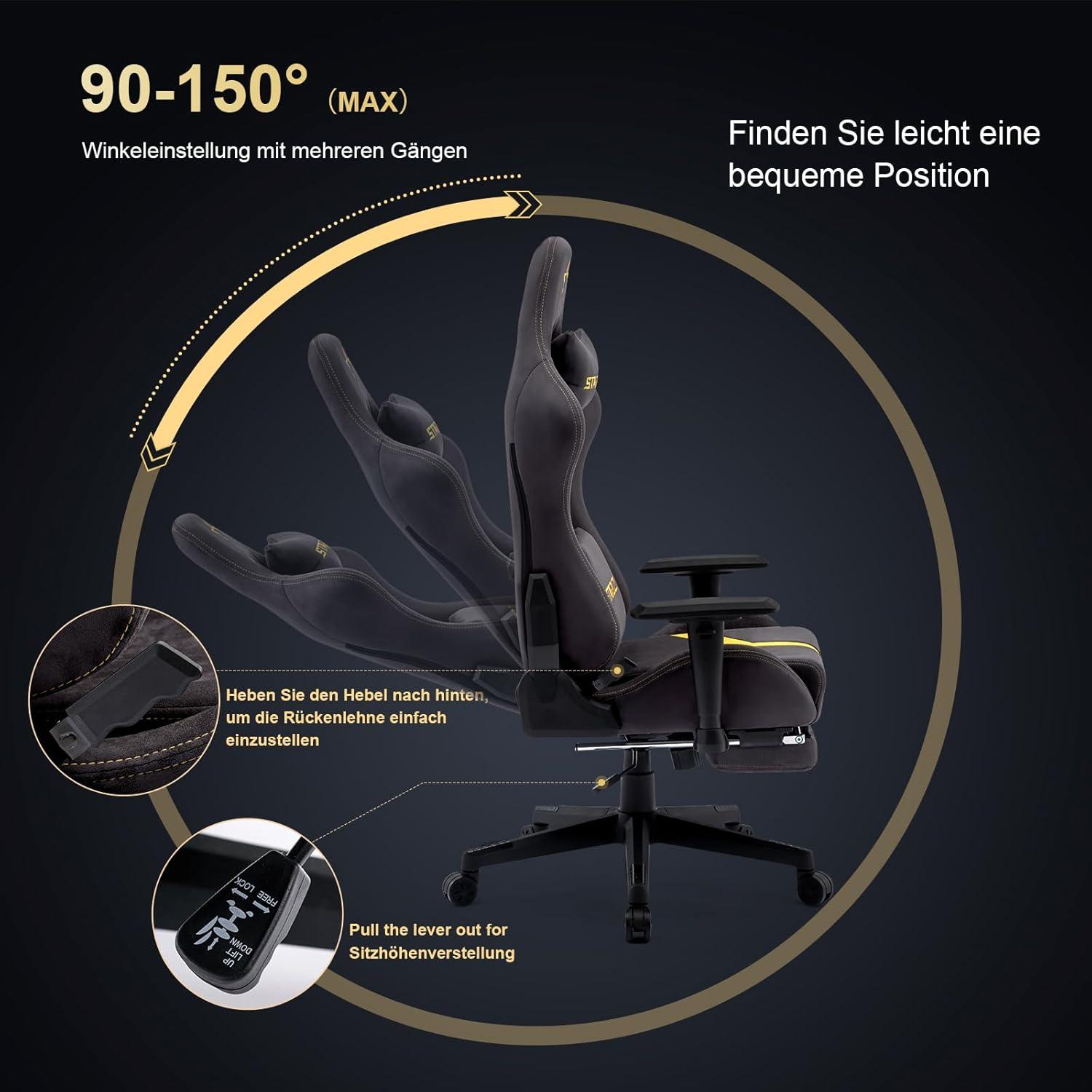 Gaming Stuhl Wildlederimitat Ergonomisch Fußstütze Grau Gelb