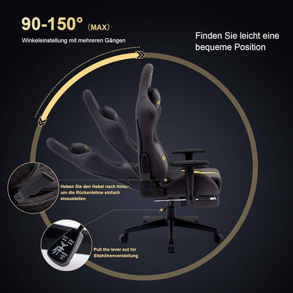 Gaming Stuhl Wildlederimitat Ergonomisch Fußstütze Grau Gelb