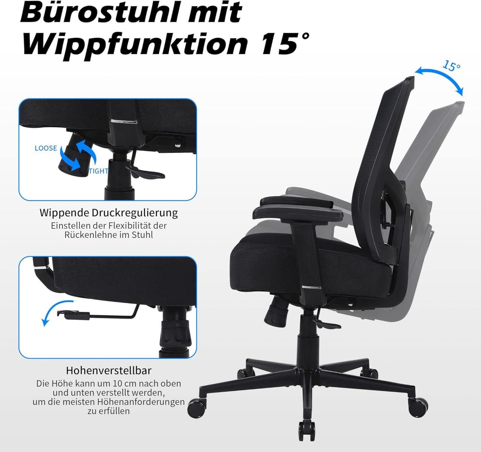 Fantasylab Bürostuhl 200KG Ergonomischer Schreibtischstuhl mit Verstellbaren Armlehnen Lordosenstütze