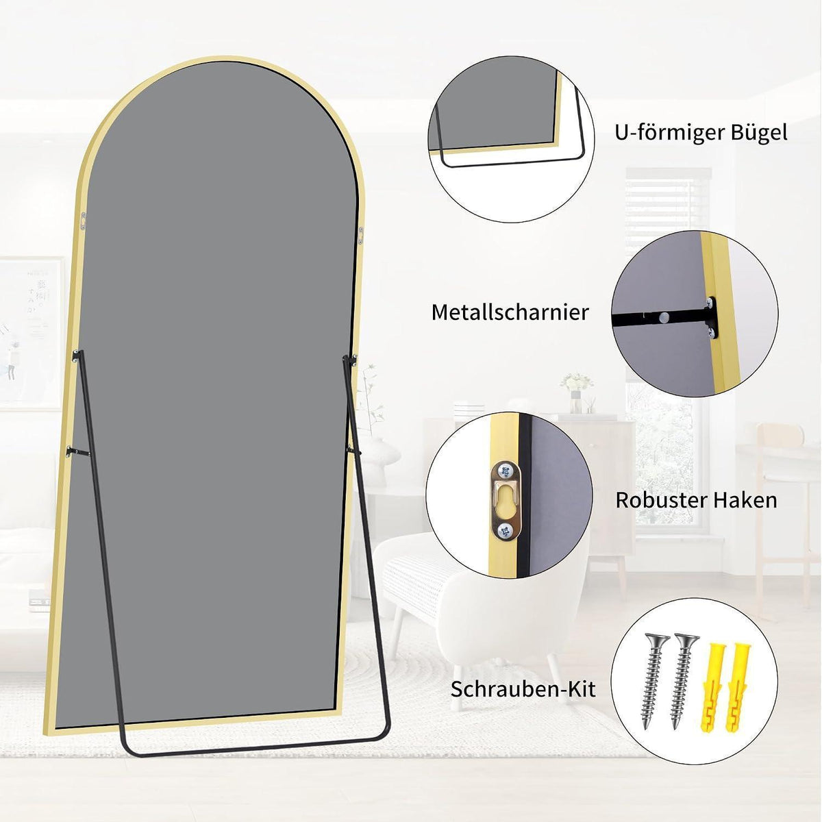 Ganzkörperspiegel Bogenförmig mit Goldrahmen – 179x65cm