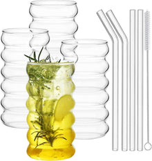Gerippte Trinkgläser Set mit Glasstrohhalmen - 475