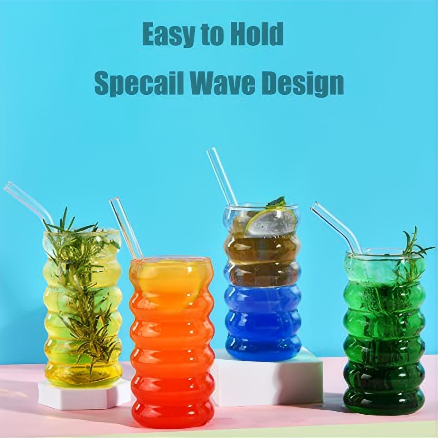 ALINK Wave Trinkgläser Set of 4 with Glass Straws 475 ML