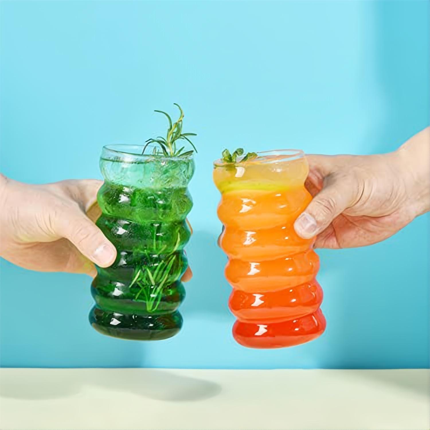 ALINK Wave Trinkgläser Set of 4 with Glass Straws 475 ML
