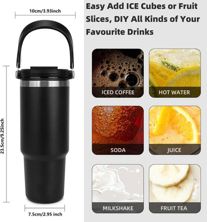 Thermobecher 900ml Isolier Trinkbecher Schwarz Edelstahl Strohhalm