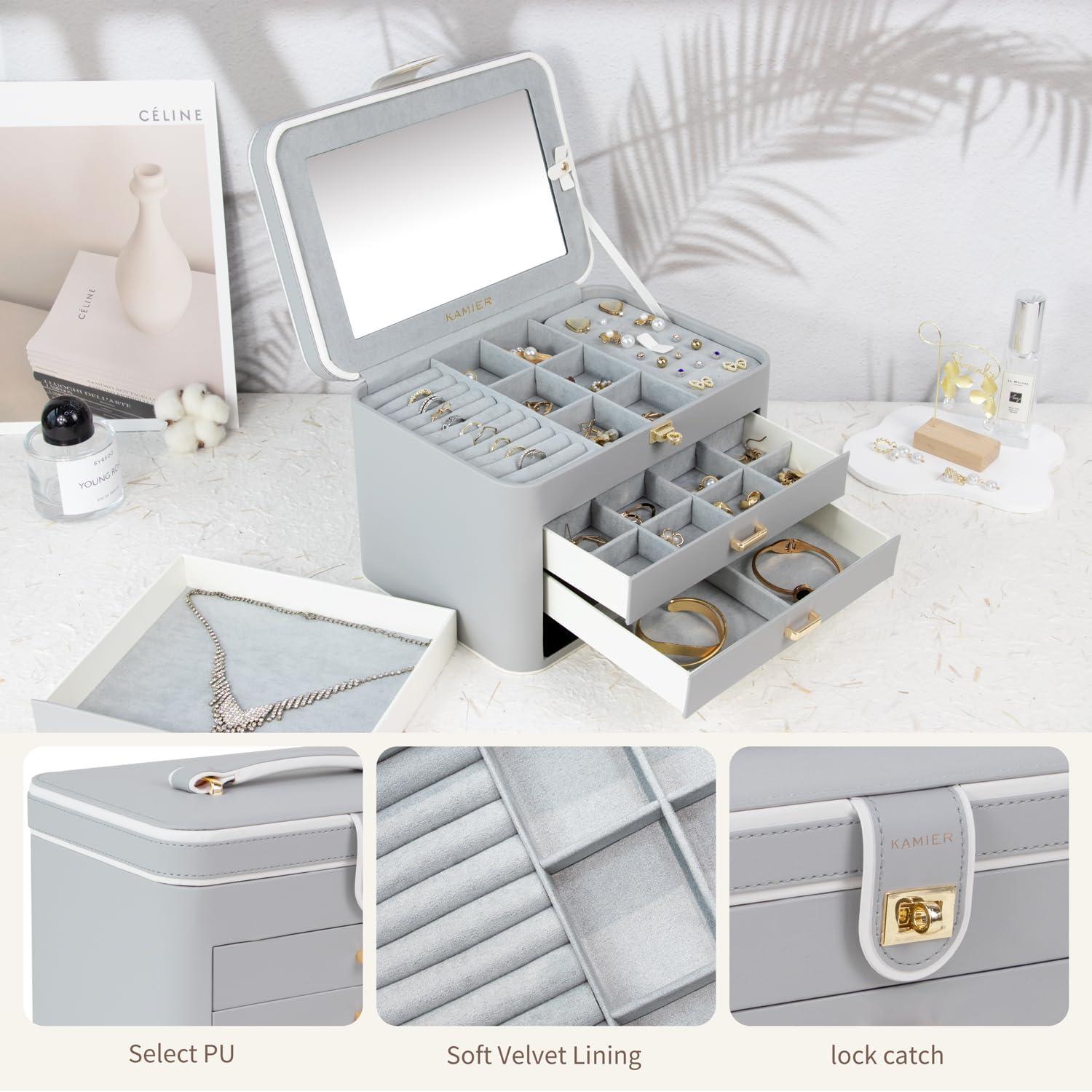 Großes Schmuckkästchen mit 4 Ebenen, Spiegel und Schloss, Grau