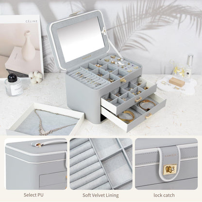 Großes Schmuckkästchen mit 4 Ebenen, Spiegel und Schloss, Grau