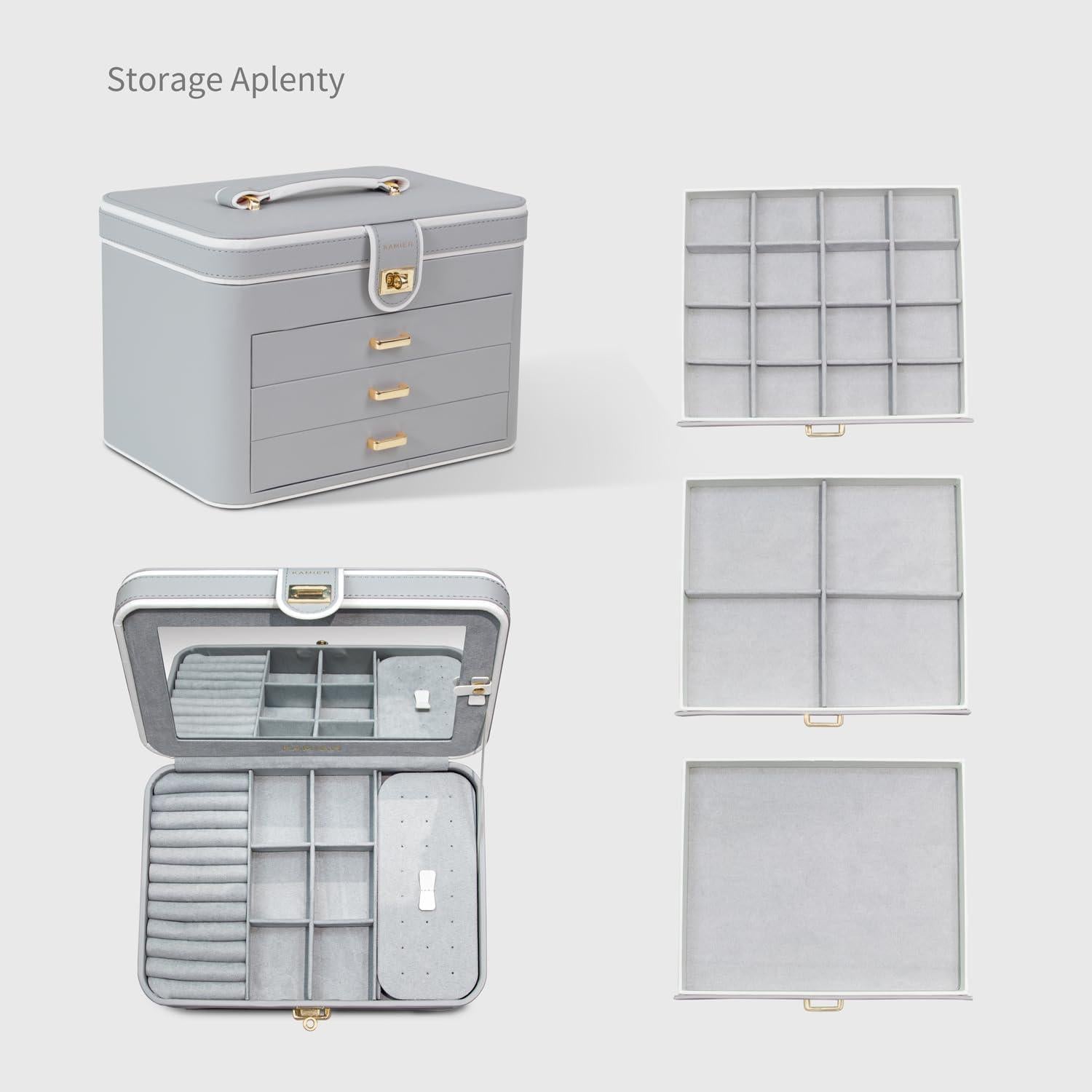 Schmuckkästchen Damen Groß mit Spiegel und Schloss, Grau