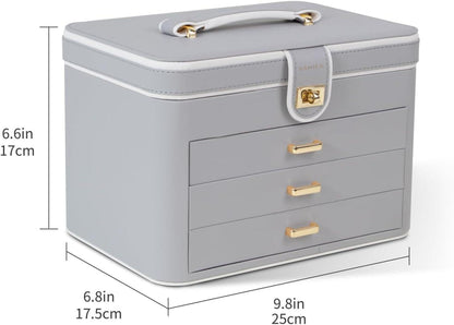 Schmuckkästchen mit 4 Ebenen, Spiegel & Schloss, Grau, für Ringe, Ohrringe