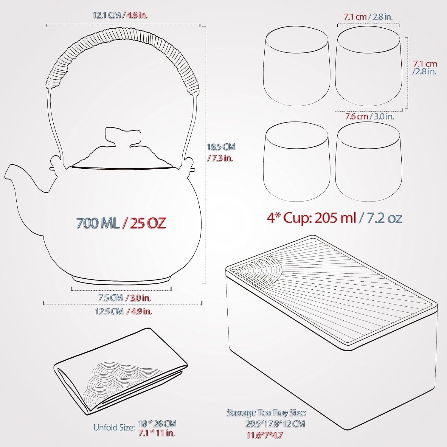 TEANAGOO Teekanne Set 1 Teekanne + 4 Teetassen, Anthrazitgrau, Reiseset, 700ml