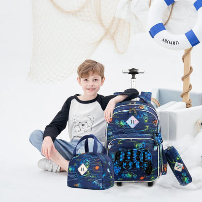 Rollender Rucksack Set für Mädchen 6-8 – Koffer, Lunchbox & Federtasche Orange