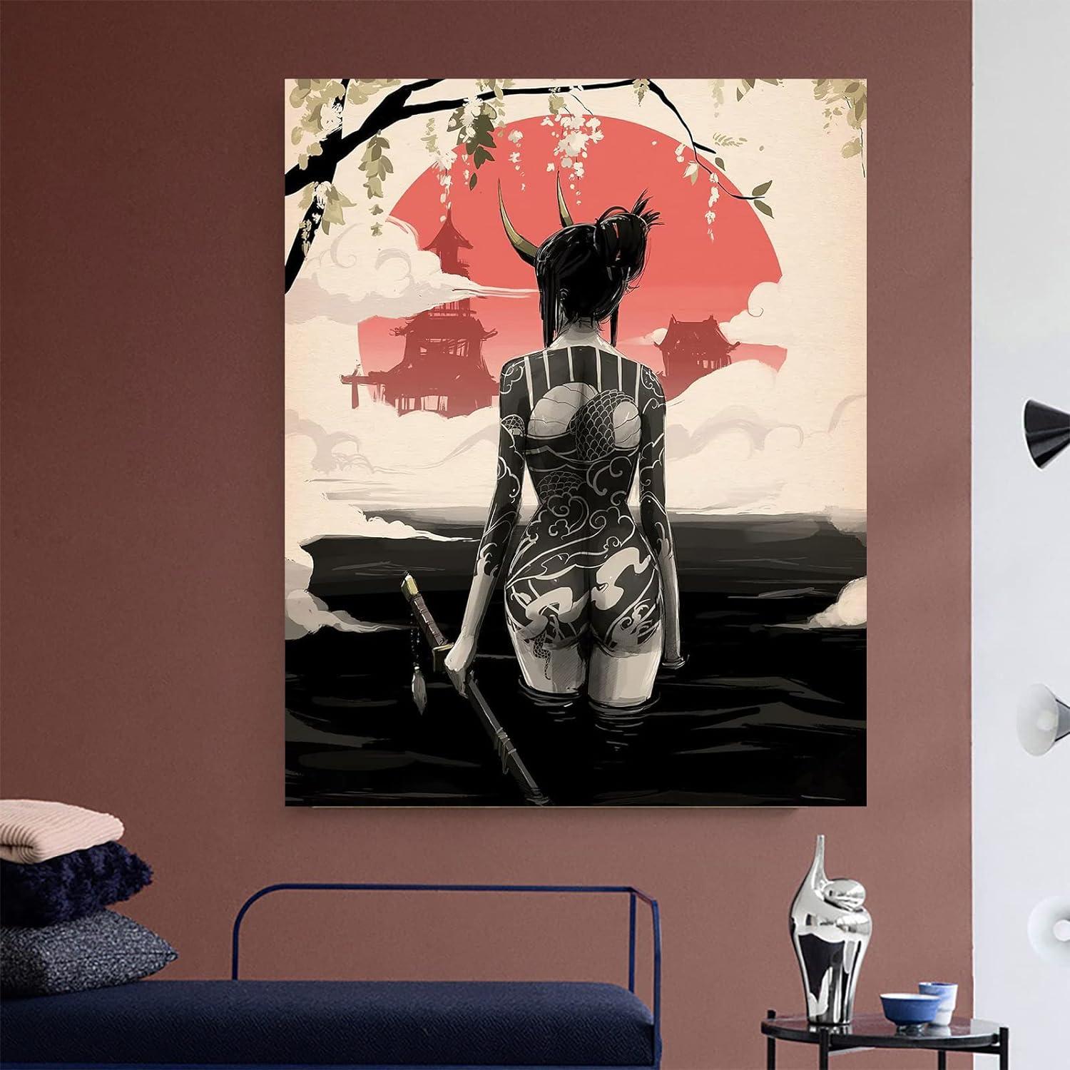 Moderne Japanische Leinwand Poster Frau Wandkunst Wohnzimmer 60x90cm