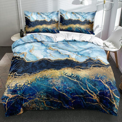 4tlg. Bettwäsche Set Marmor Hellblau 135x200 cm Mikrofaser