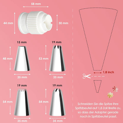 XL Spritztüllen Set mit Adapter und 5 Edelstahl Tüllen