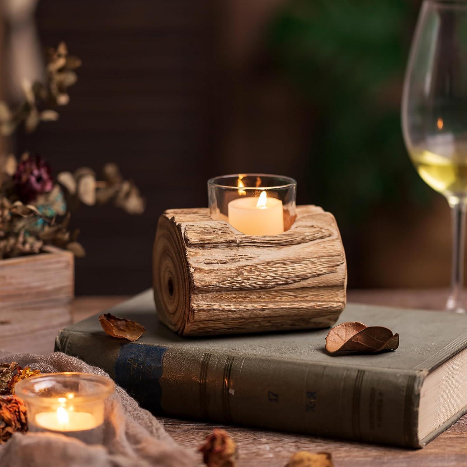 Rustikaler Teelichthalter Herbst Deko Holz Kerzenständer Windlicht