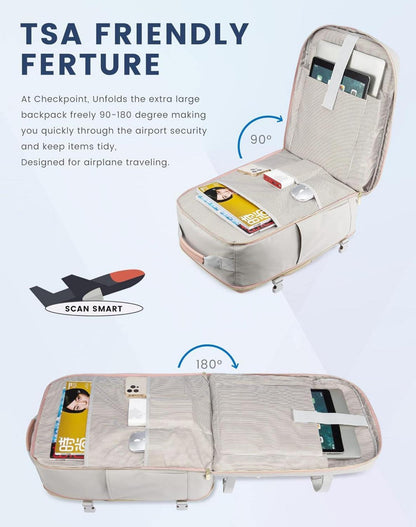 Handgepäck Rucksack 40L Groß Reiserucksack Damen Kofferrucksack Grau Rosa