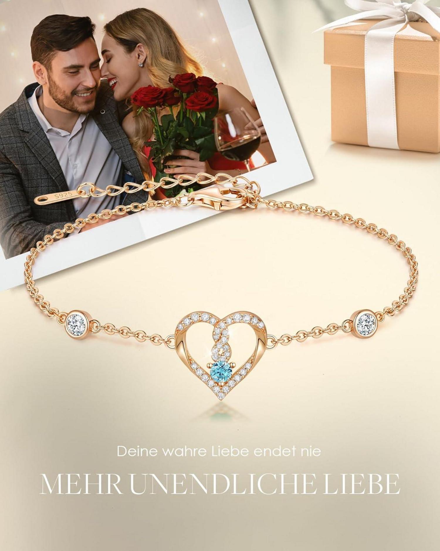 Infinity Herz Armband Damen 925 Silber Geburtsstein Geschenk Rosegold