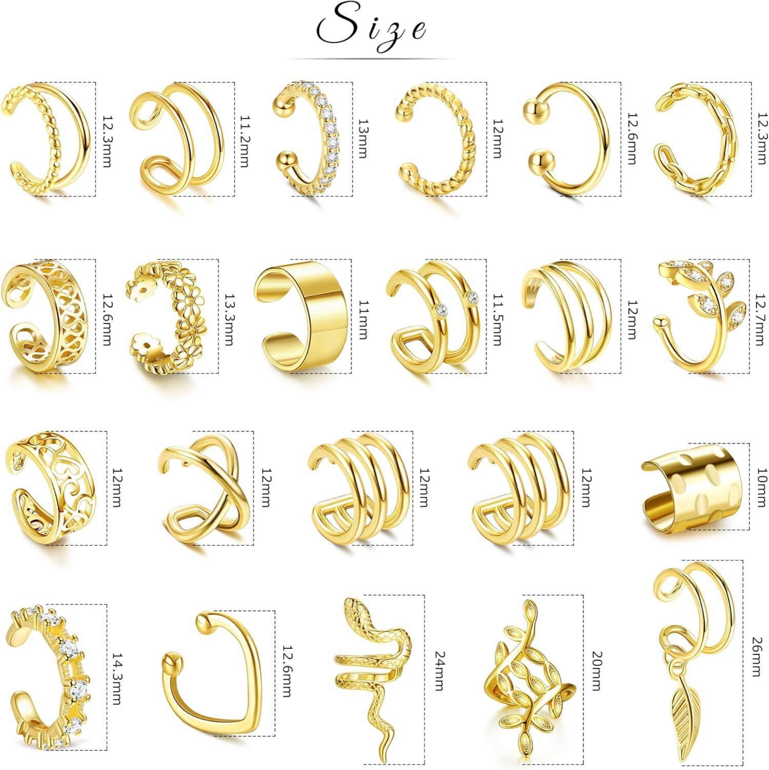 22-teiliges Ear Cuff Set Damen Ohrclips Einstellbar Ohne Ohrloch Gold