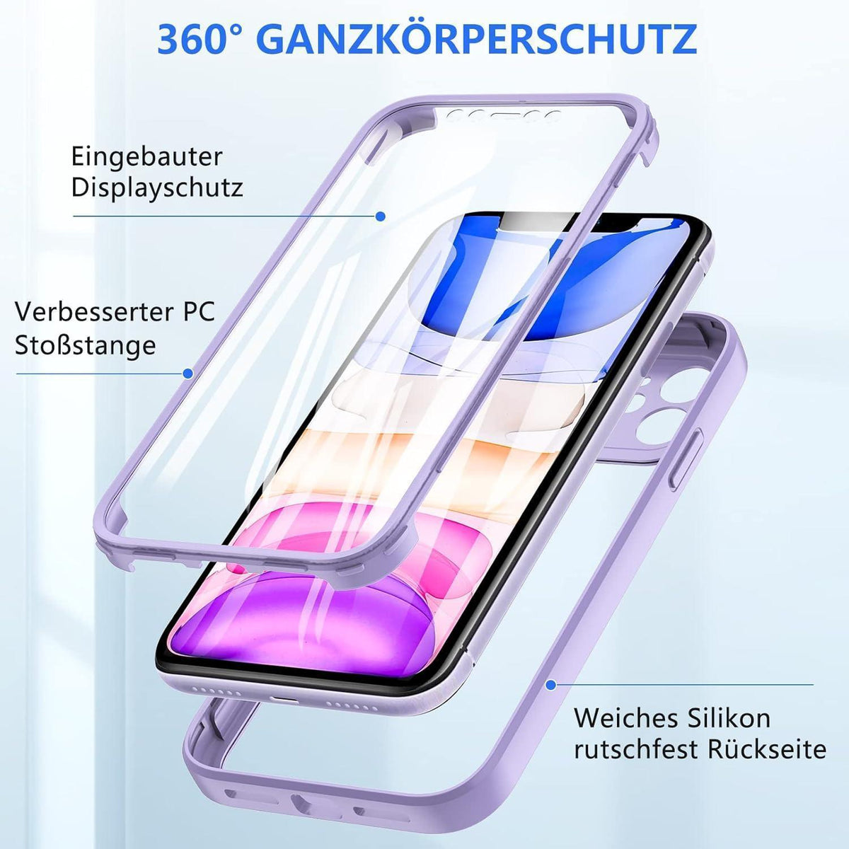 iPhone 11 Hülle mit Displayschutz, 360° Schutz, Helles Lila
