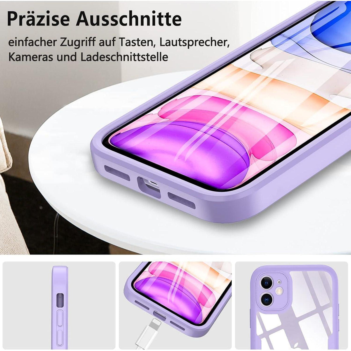 iPhone 11 Hülle mit Displayschutz, 360° Schutz, Helles Lila