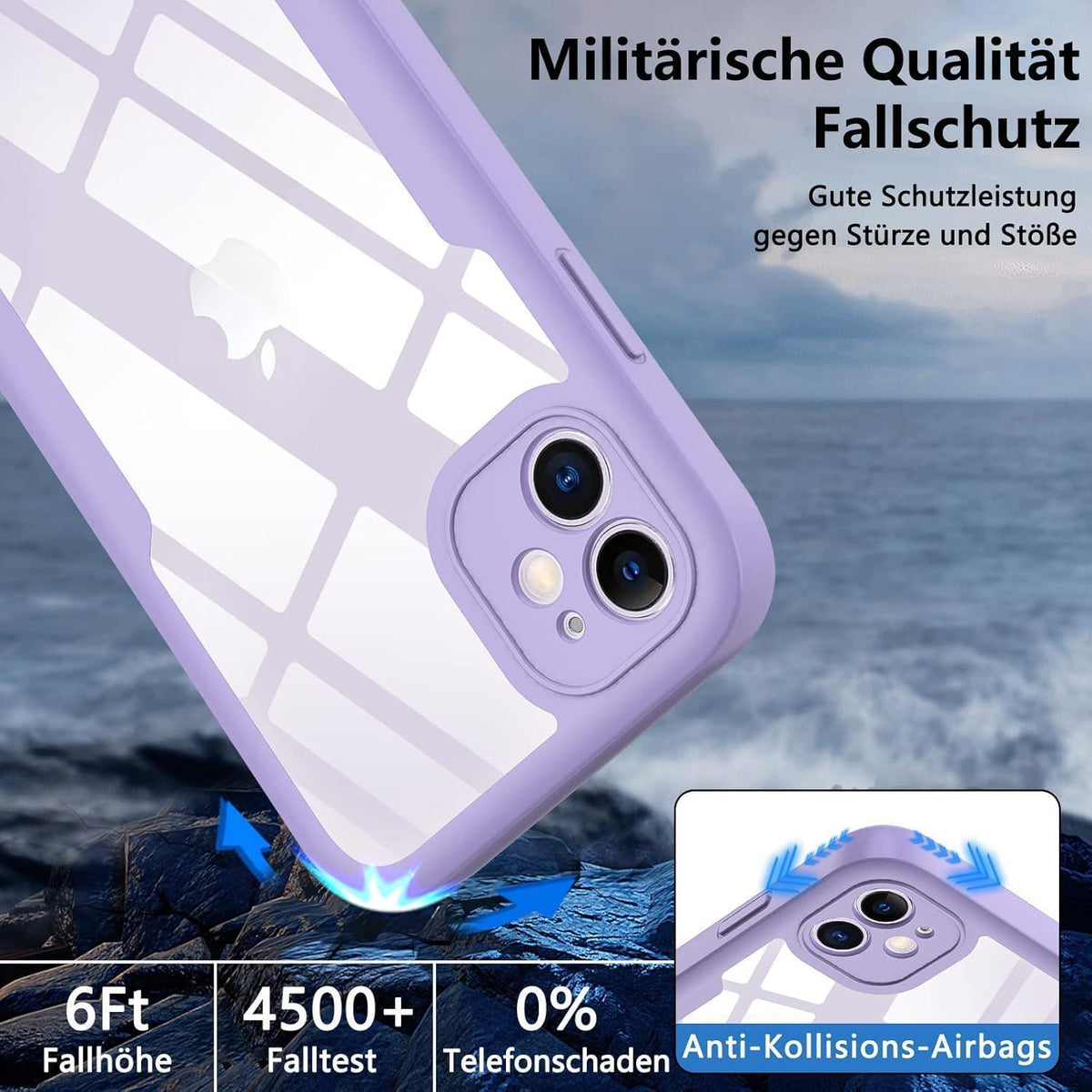 iPhone 11 Hülle mit Displayschutz, 360° Schutz, Helles Lila