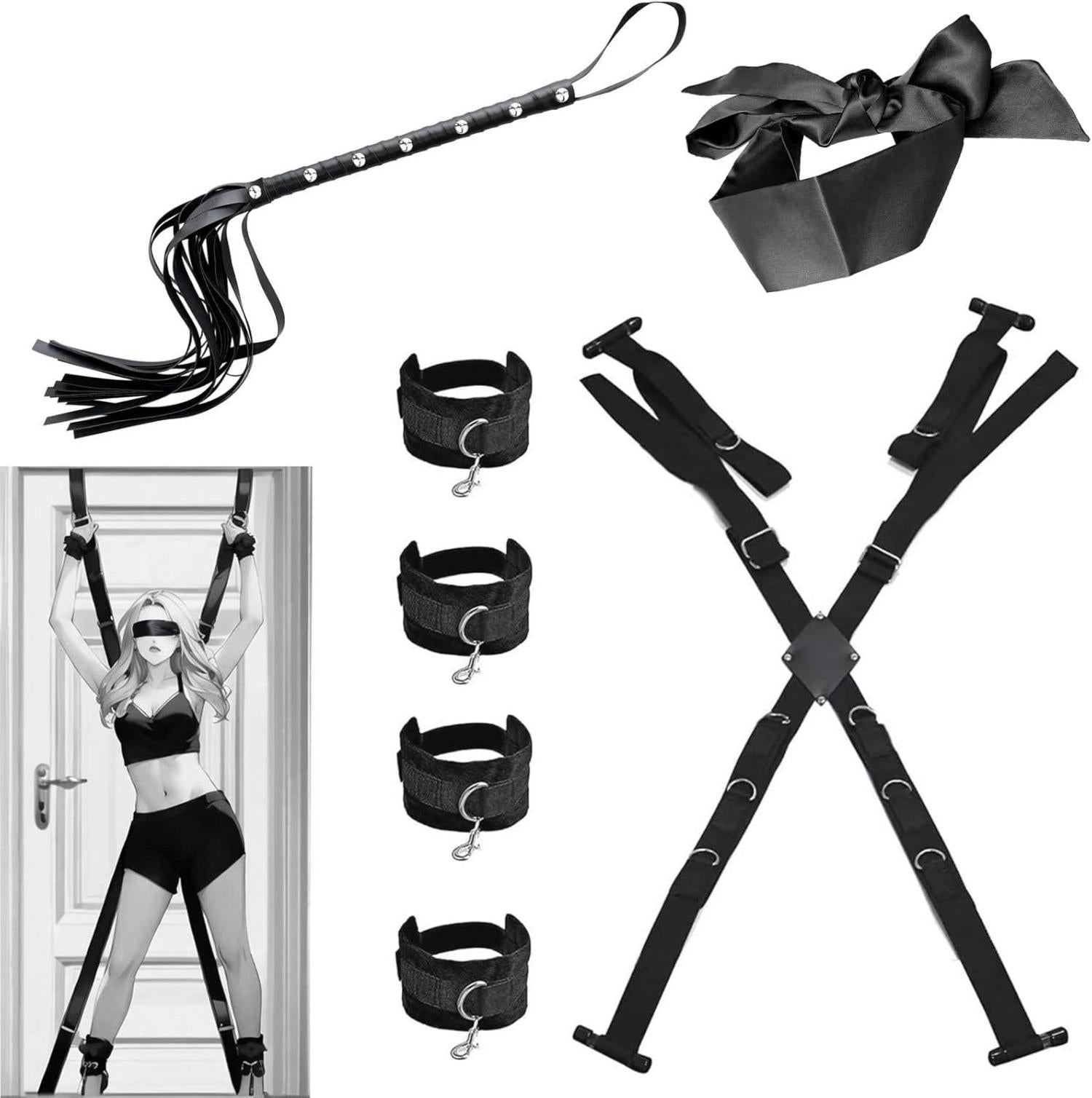 Bondageset mit Handschellen, Augenbinde, Peitsche & Fußfesseln