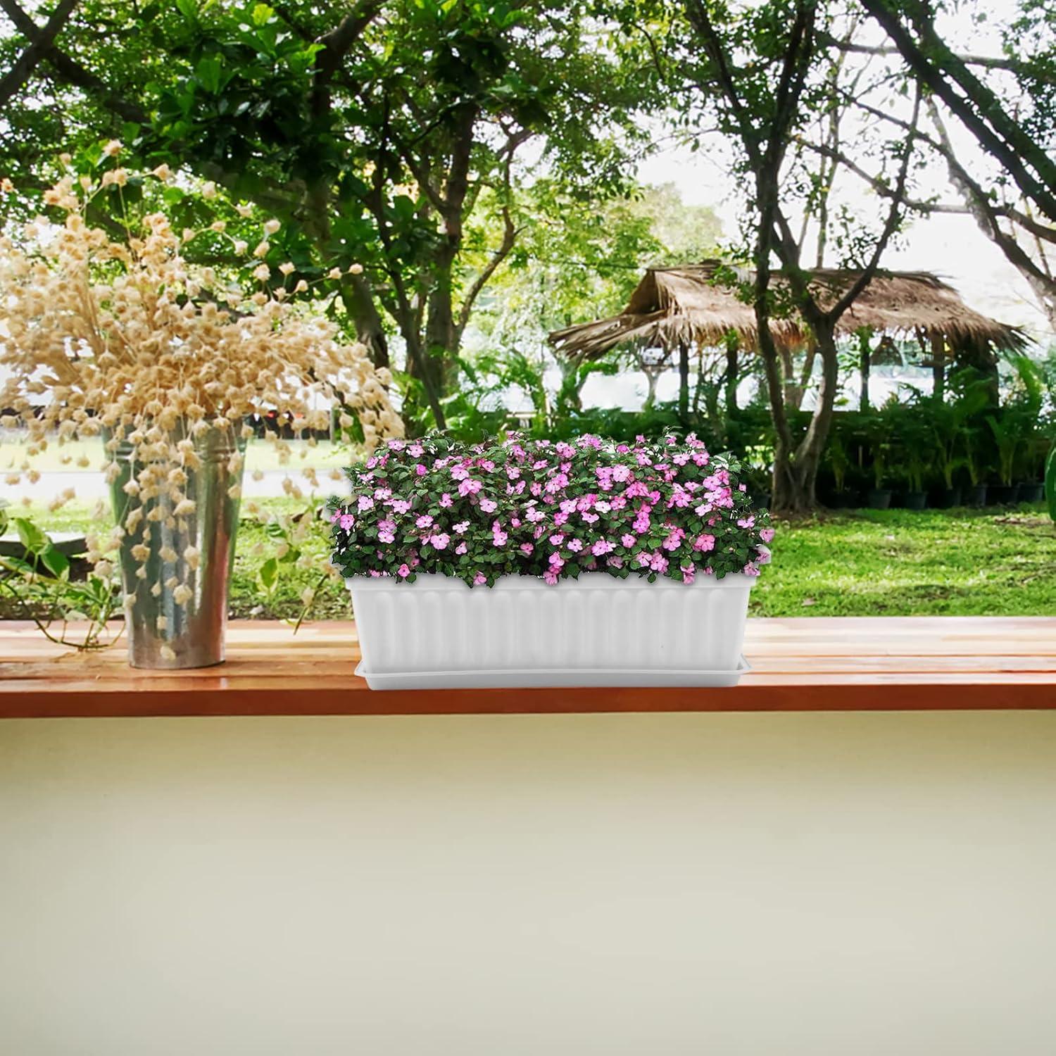 MUKCHAP 4er Set Weiße Fensterblumenkästen rechteckig 43cm mit Tabletts