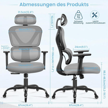 Ergonomischer Bürostuhl mit Verstellbarer Kopfstütze und