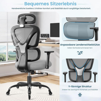 Ergonomischer Bürostuhl mit verstellbarer Kopfstütze und Lendenwirbelstütze in Grau