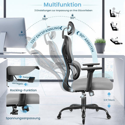 Ergonomischer Bürostuhl mit Kopfstütze Armlehnen Lendenstütze Gray