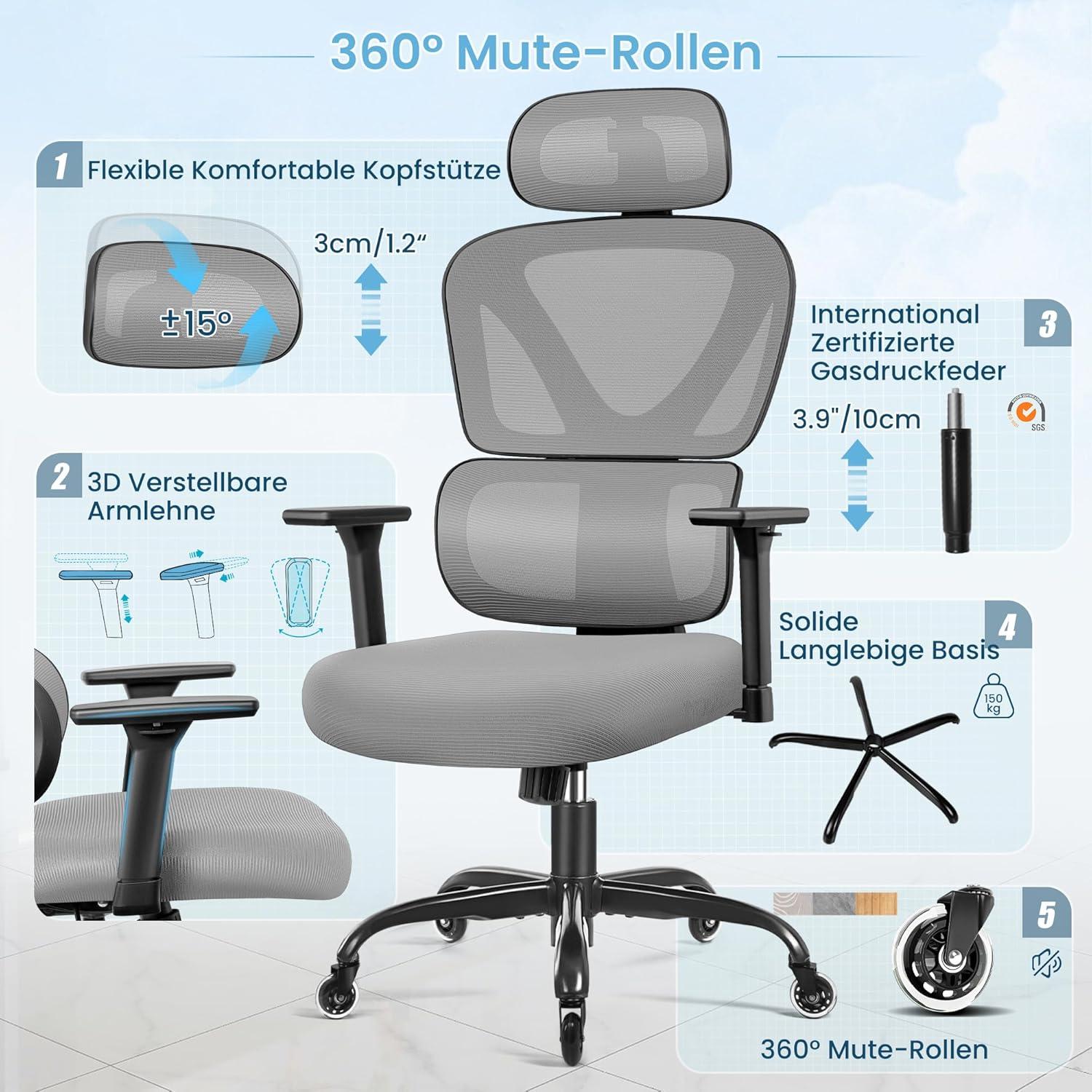 Ergonomischer Bürostuhl mit verstellbarer Kopfstütze und