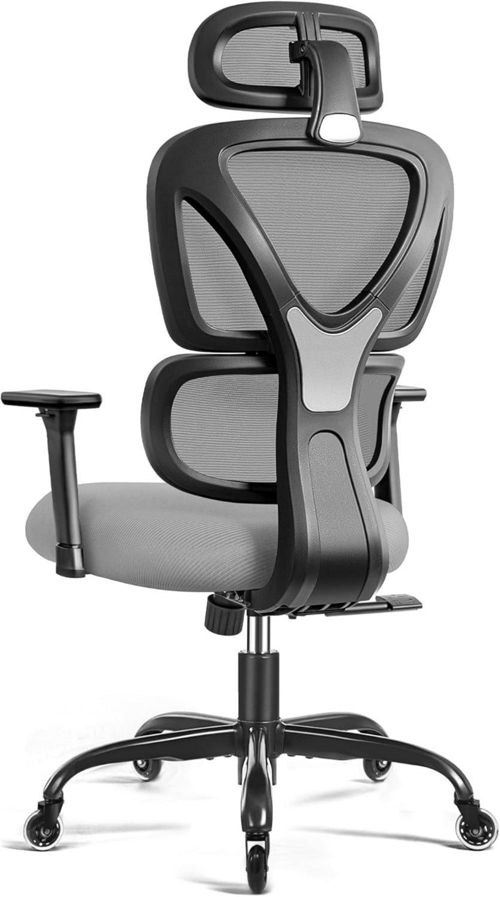 Ergonomischer Bürostuhl mit verstellbarer Kopfstütze und Lendenwirbelstütze in Grau
