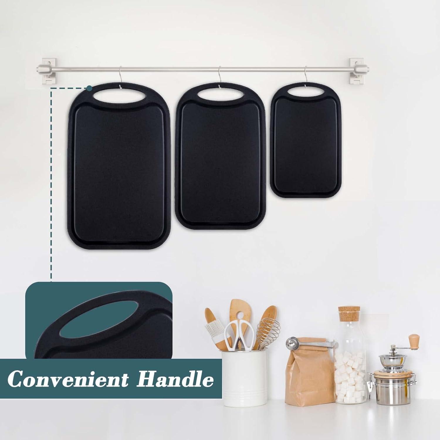 Schneidebrett Set mit Saftrillen und rutschfeste Griffe, antibakteriell, kunststoff, BPA-frei, spülmaschinenfest, schwarz