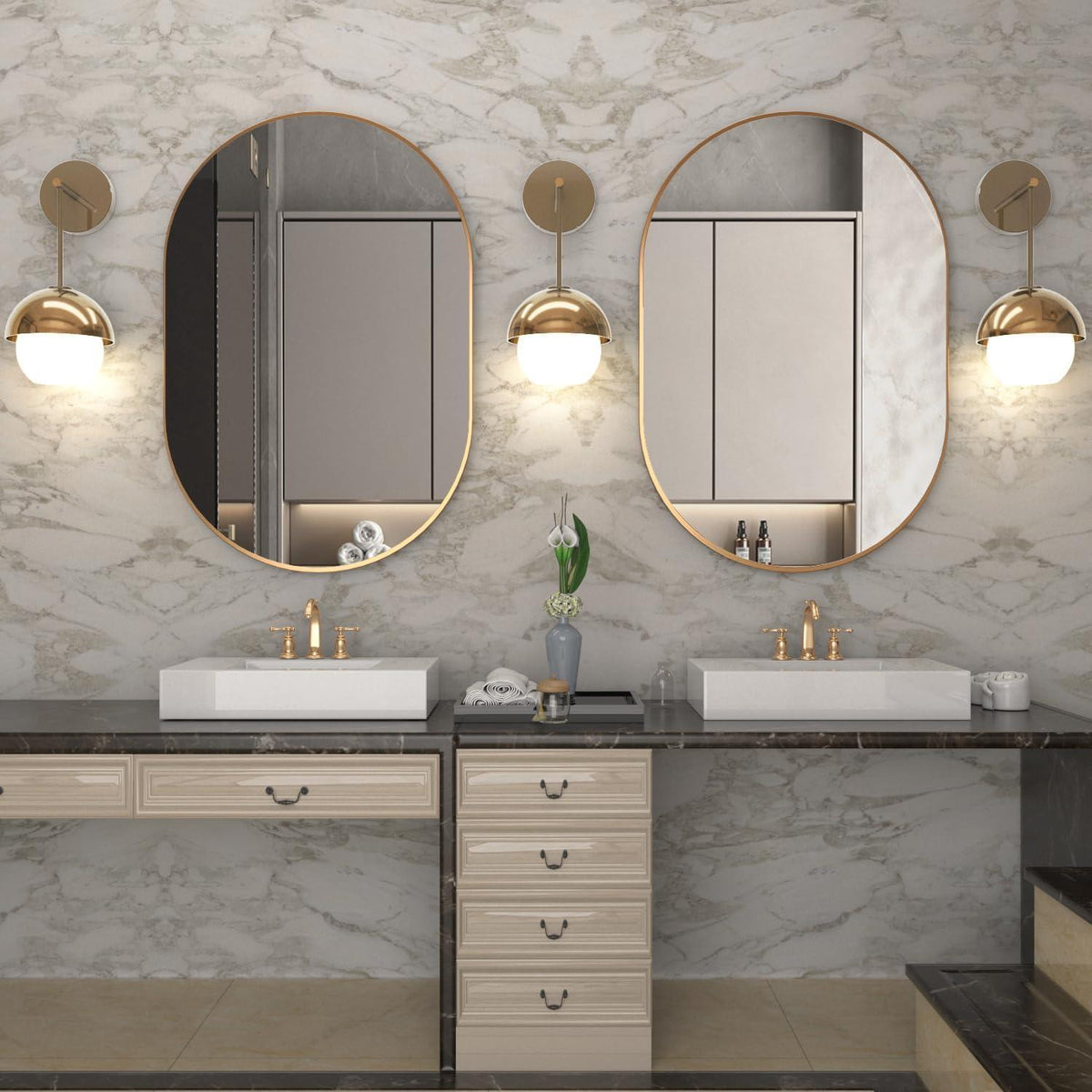 Moderner ovaler Wandspiegel 2er Set, 50.8x76.2cm, Goldrahmen