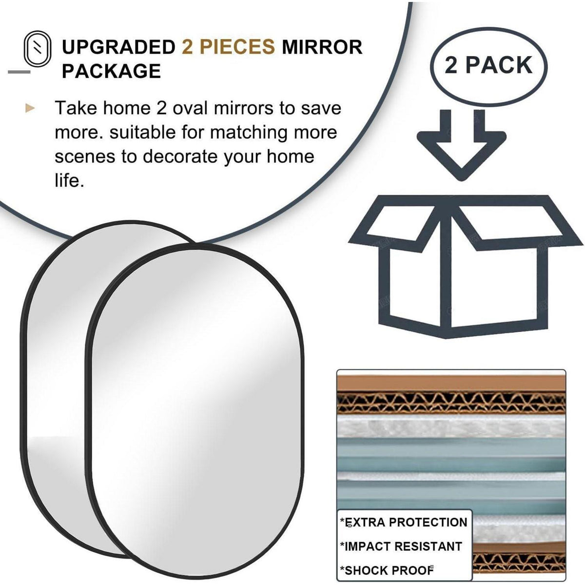 Moderner ovaler Wandspiegel 2er Set, 50.8x76.2cm, Goldrahmen